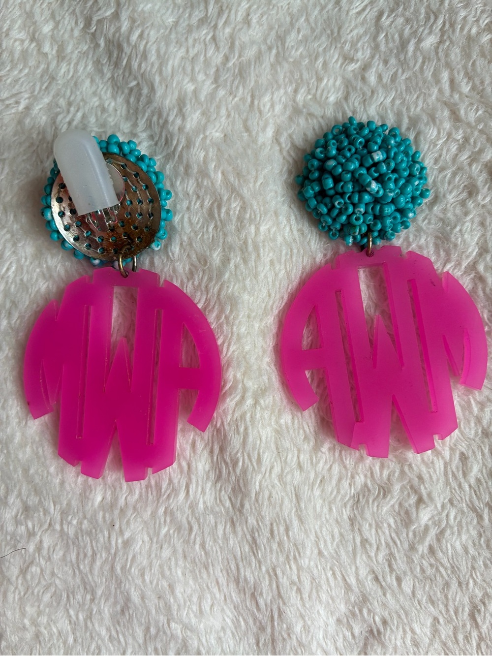 Unbranded Pink Monogram Drop Earrings with Turquoise Bead Accent